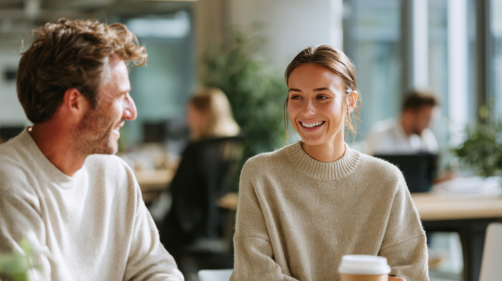 vrouw en man die lachen op het werk